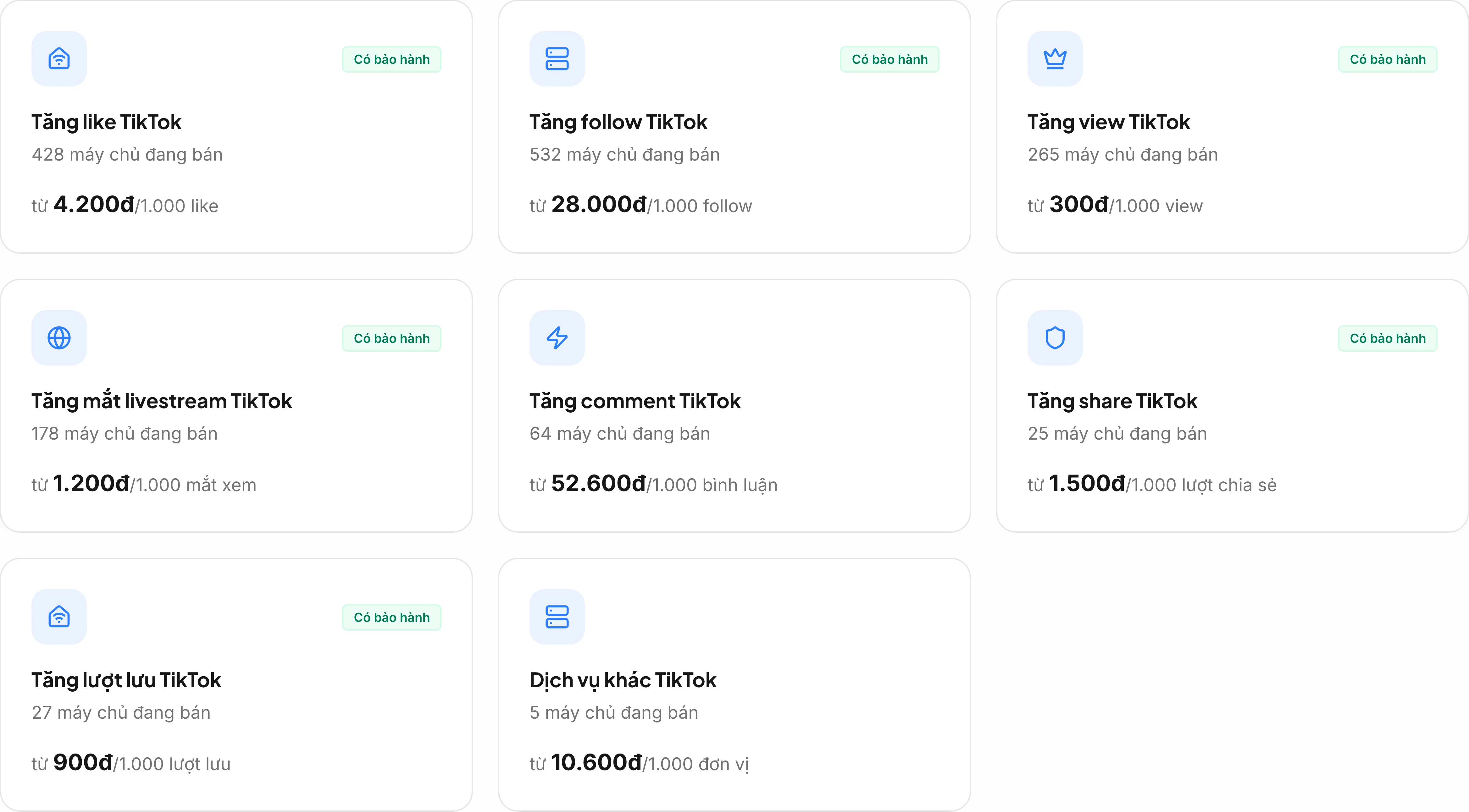 Các dịch vụ TikTok trên OpenLike gồm tăng like, follow, view, mắt livestream với số máy chủ và giá từ